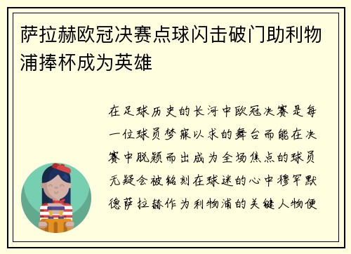萨拉赫欧冠决赛点球闪击破门助利物浦捧杯成为英雄