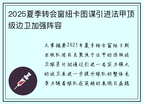 2025夏季转会窗纽卡图谋引进法甲顶级边卫加强阵容