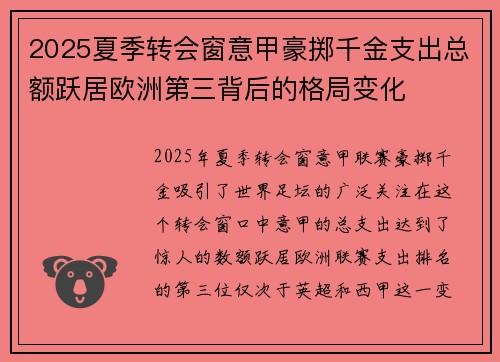 2025夏季转会窗意甲豪掷千金支出总额跃居欧洲第三背后的格局变化 2025夏季转会窗意甲豪掷千金支出总额跃居欧洲第三背后的格局变化